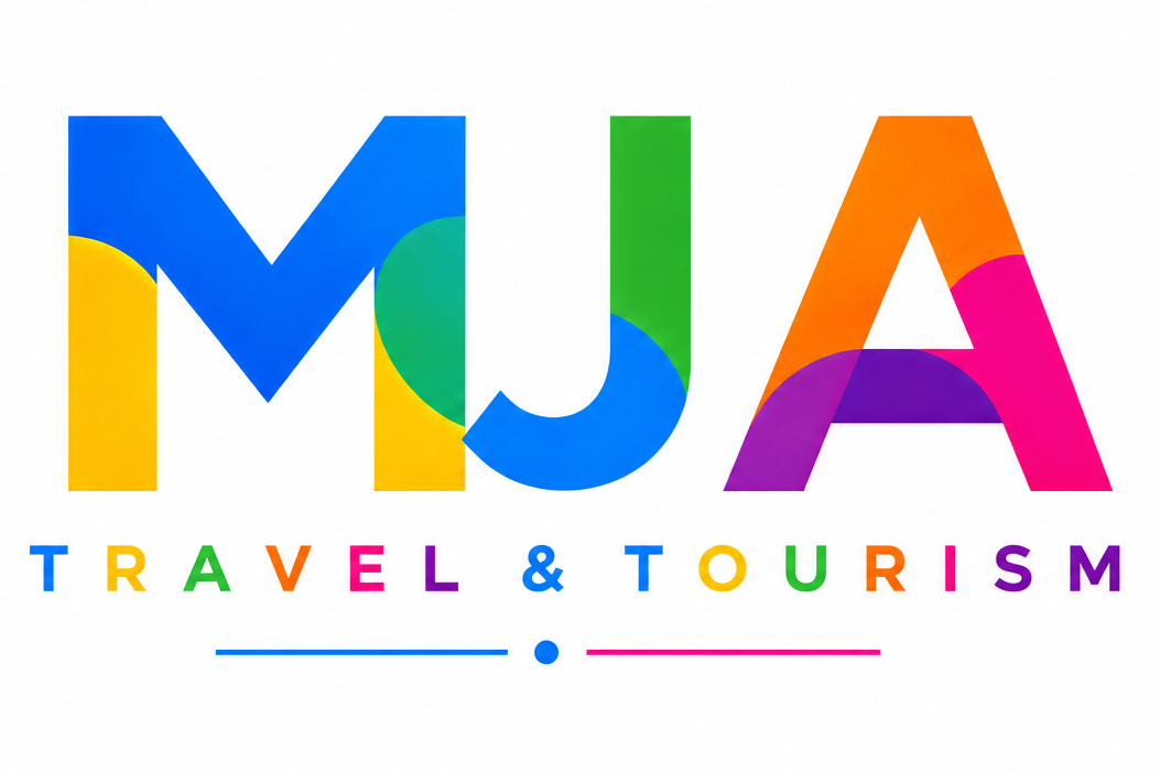 A colorful logo on a white background with the letters MJA filled with geometric color blocks, above the words 'TRAVEL & TOURISM' in multicolored uppercase letters with thin blue and pink lines below.
